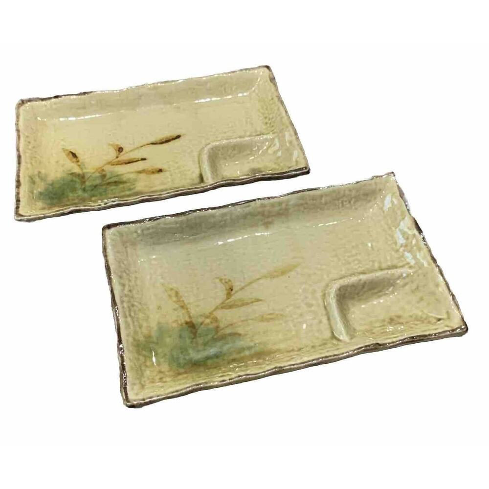Vtg Japanese Glazed Stoneware Sushi Platters 8" Brown and Green Soy Sauce Well